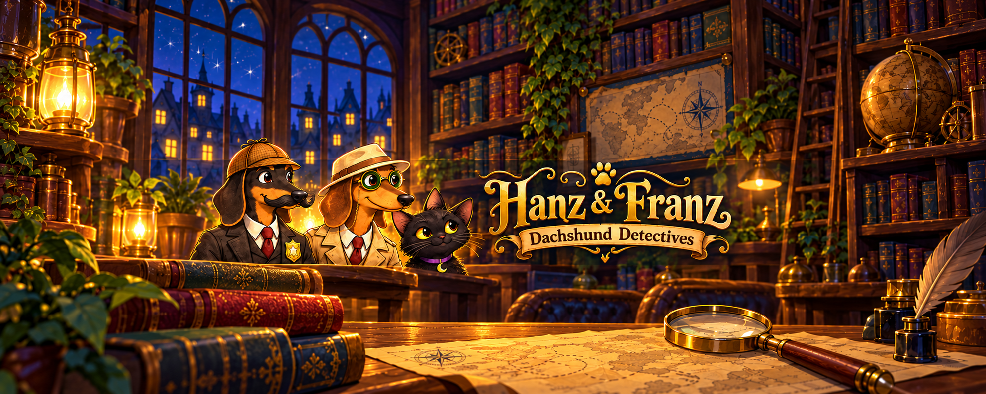 Hanz and Franz and their black cat companion in a warmly lit detective library