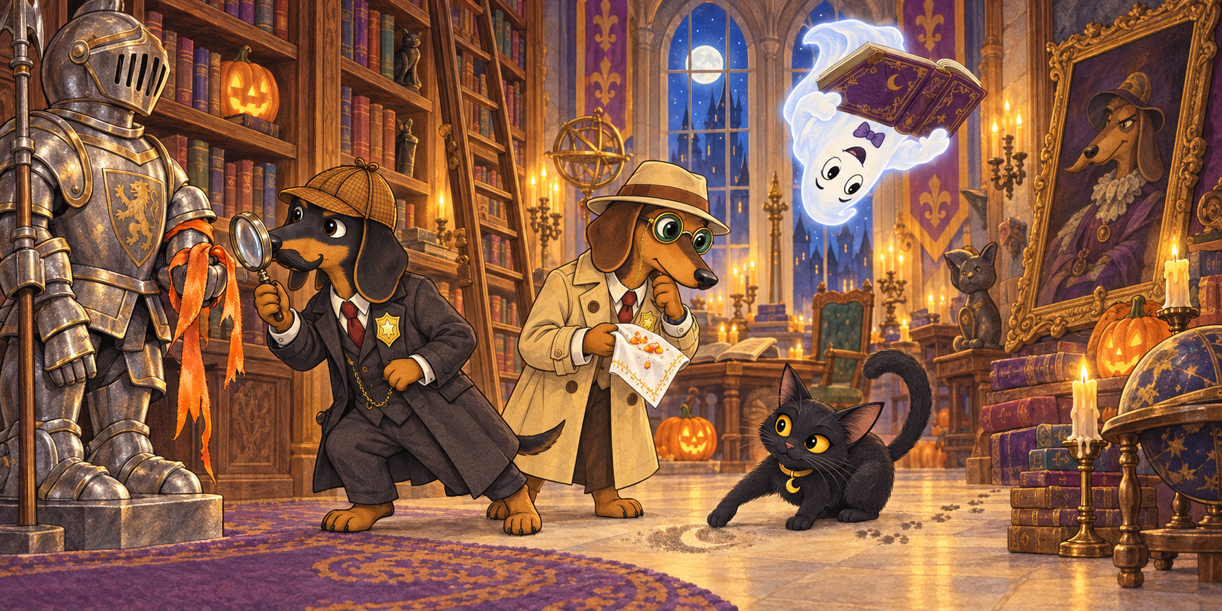 The dachshund detectives search a candlelit castle library with a friendly ghost and black cat