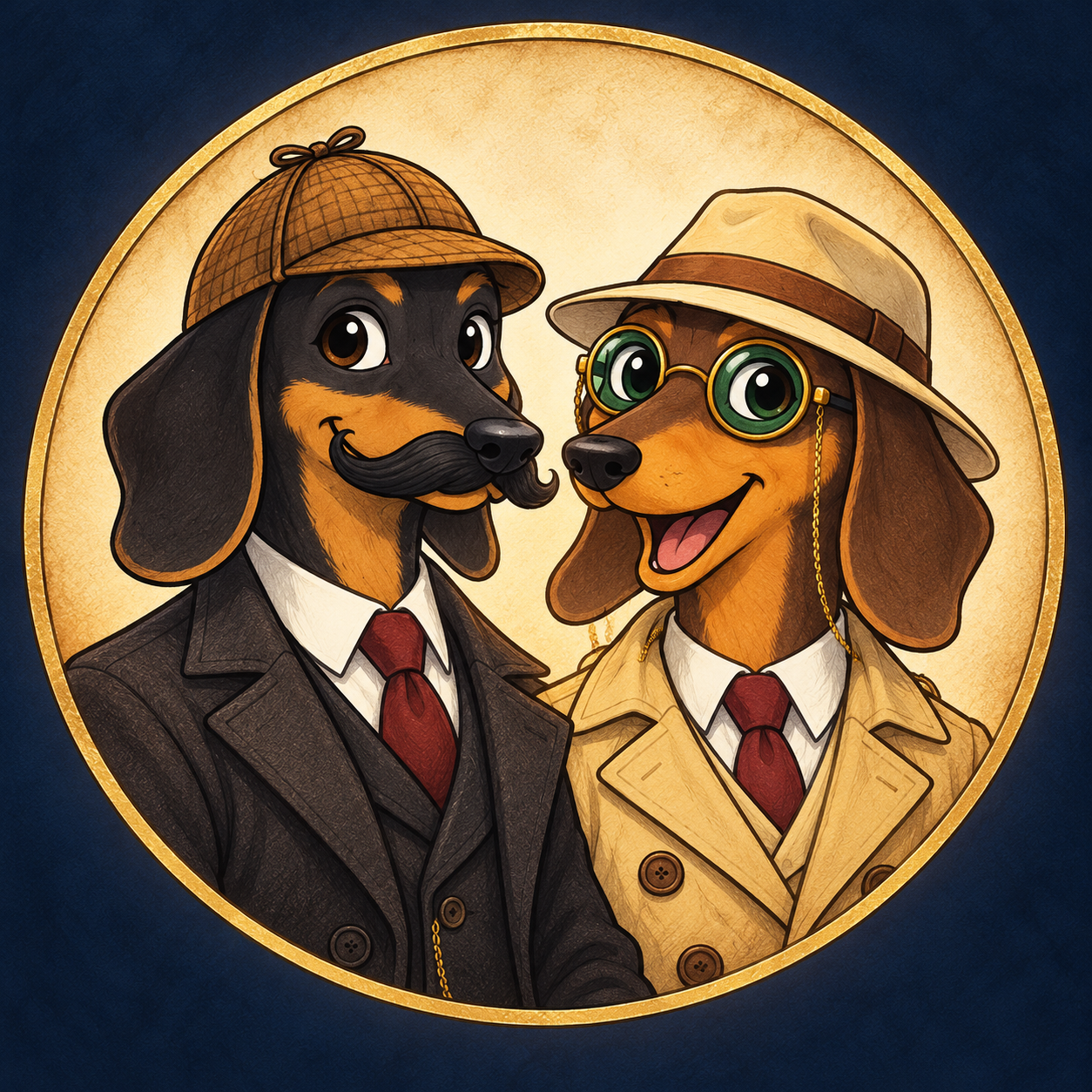 Portrait of the two dachshund detectives in their signature hats and coats