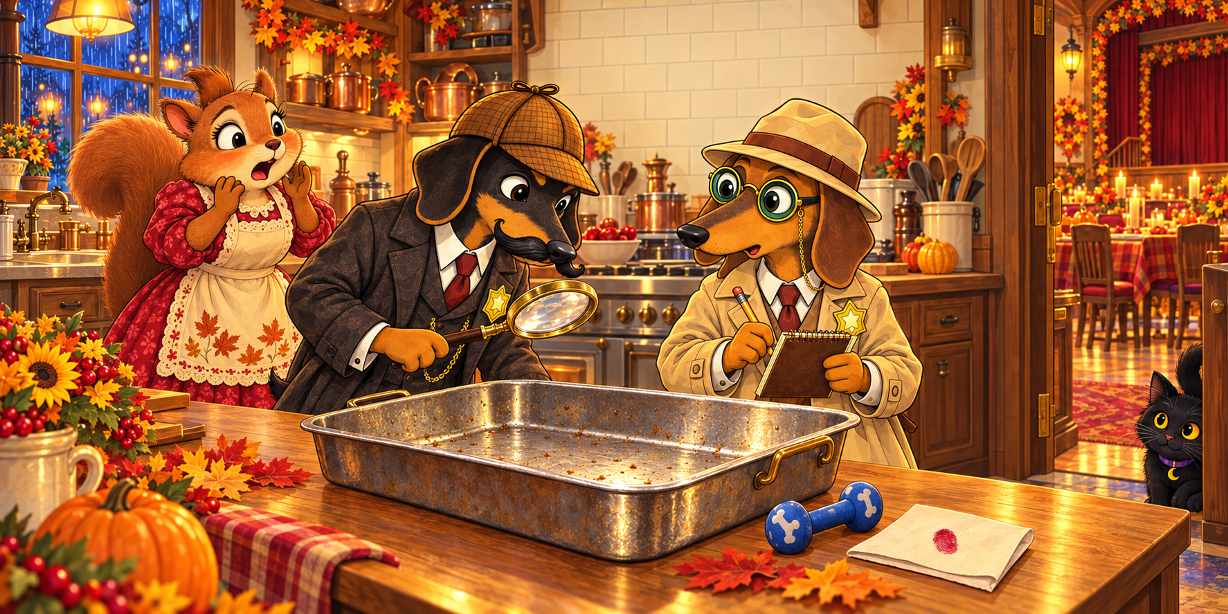 Hanz and Franz examine an empty turkey roasting pan while Mia the cat watches